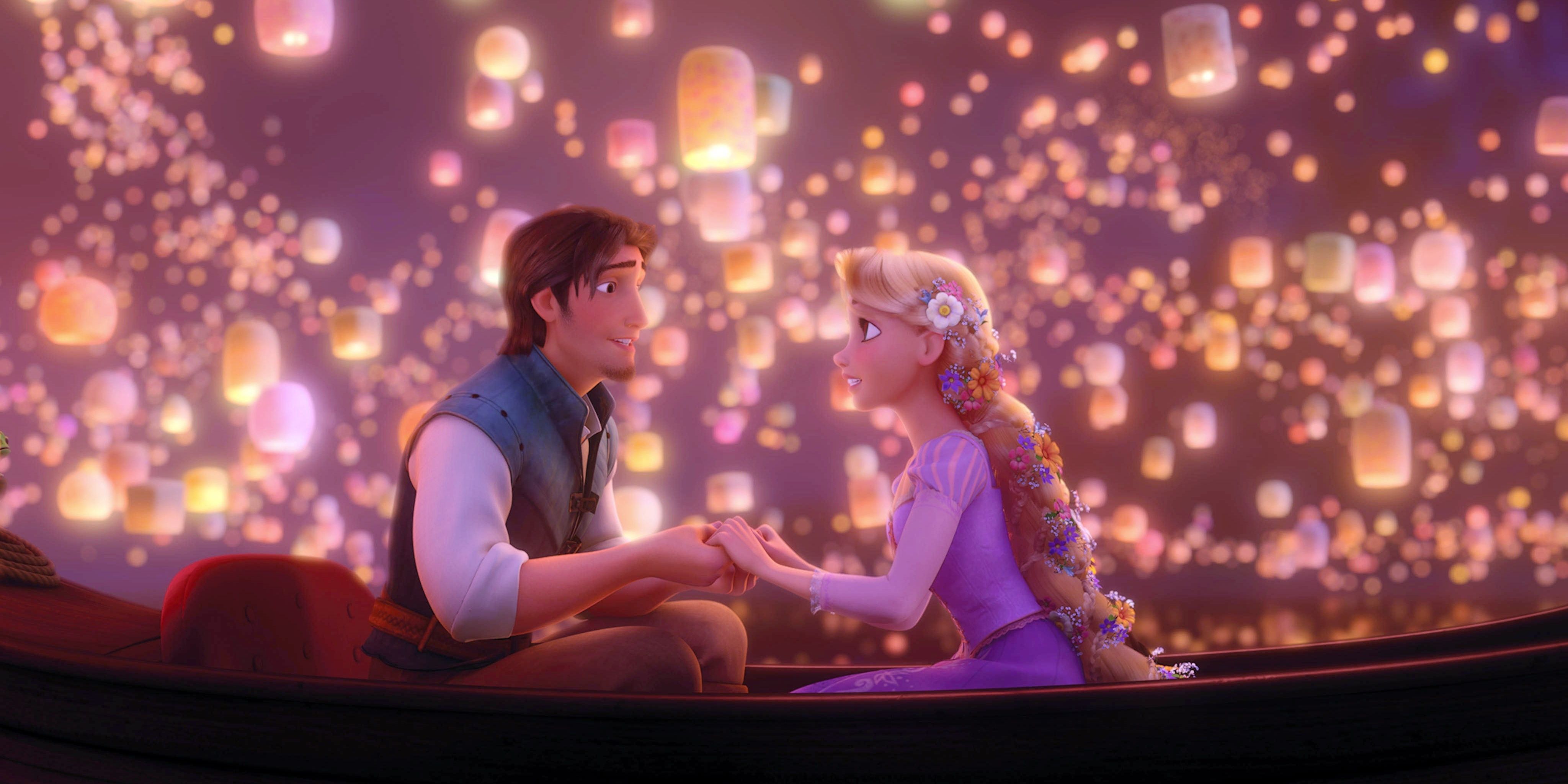 During Tangled, Flynn Rider and Rapunzel hold hands on a boat while lanterns float above them