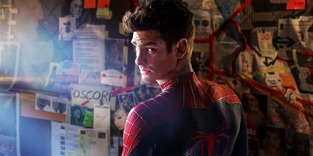 Peter Parker looking at a wall of potential spin-offs in The Amazing Spider-Man 2