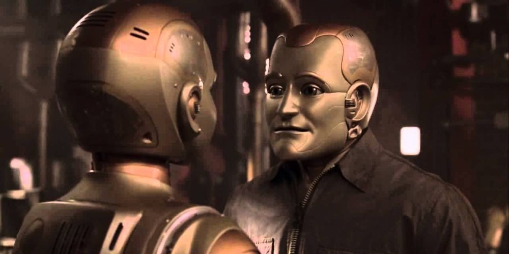 Robin Williams' character looking at himself in the mirror in The Bicentennial Man
