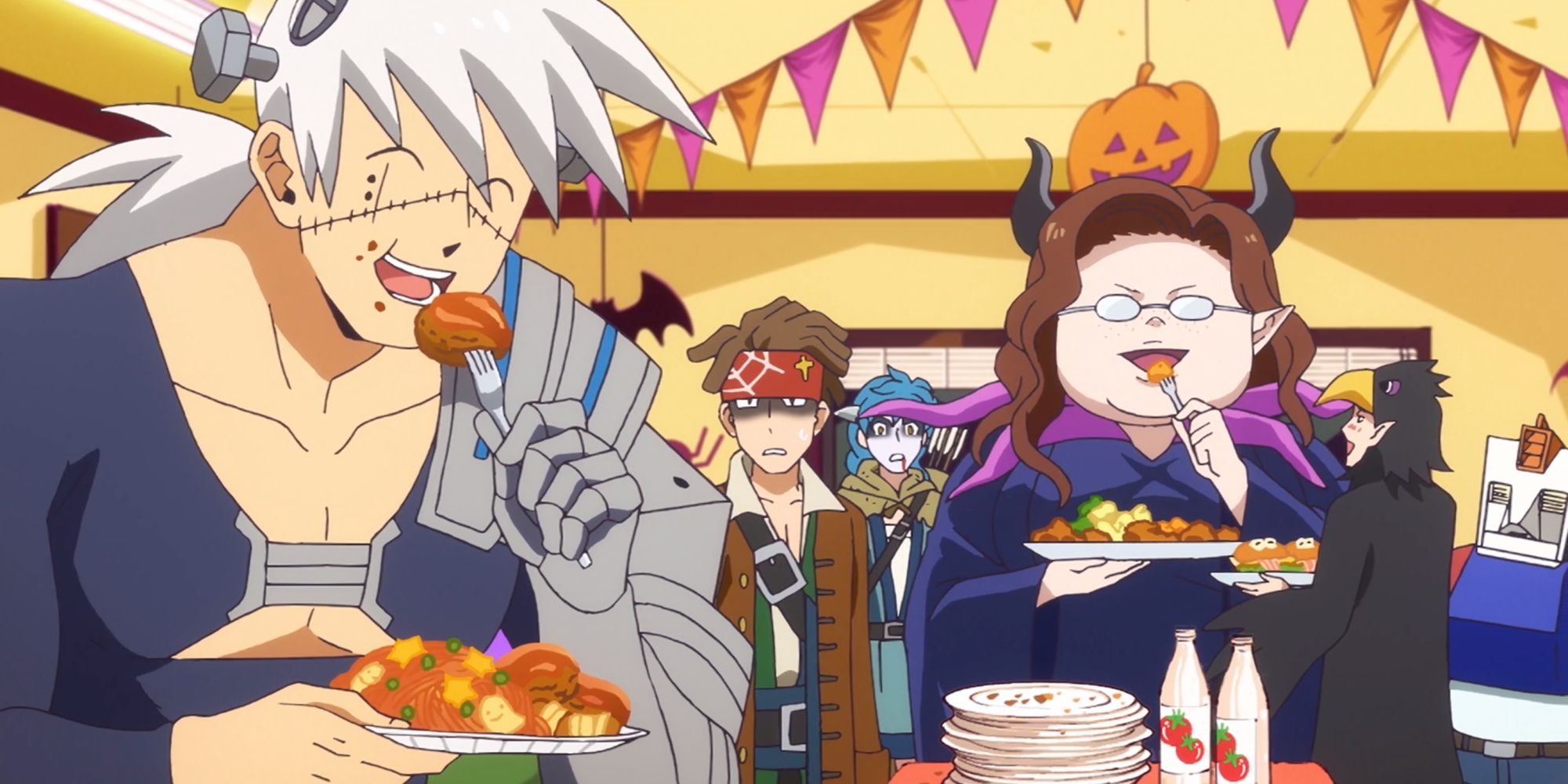 Satetsu, Gekkoin, Shot, Adam, and others celebrate at a Halloween party in The Vampire Dies in No Time.