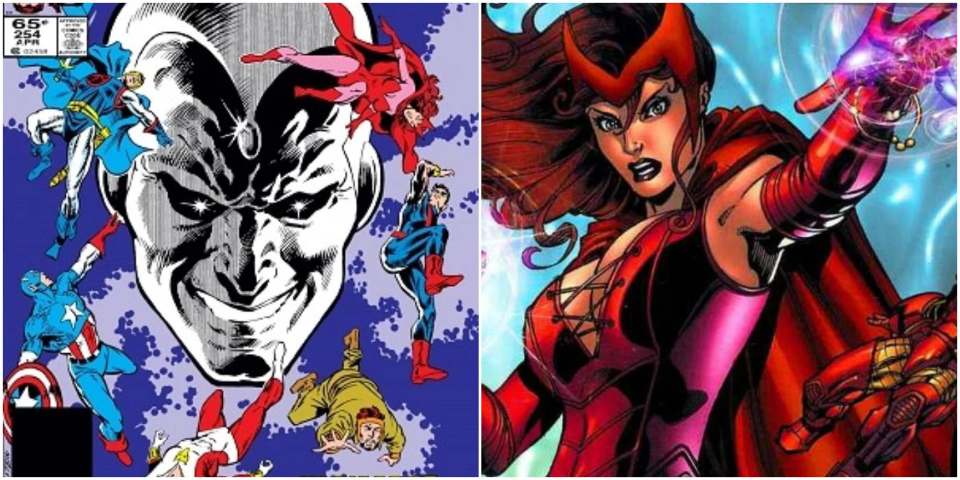 Vison on the cover of Avengers 254 and Scarlet Witch during Avengers Disassembled