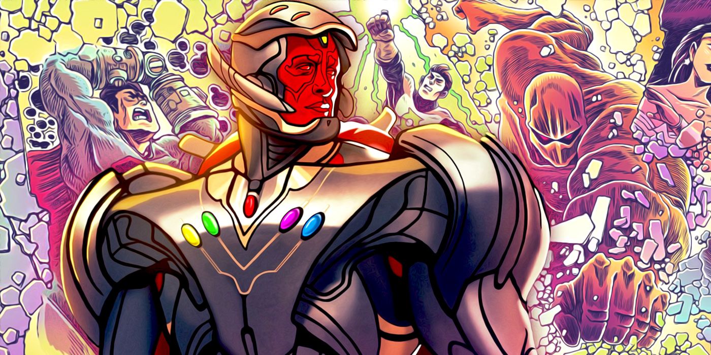 Ultron VIsiosn from What If looks on as Amazo II defeats Justice League Infinity