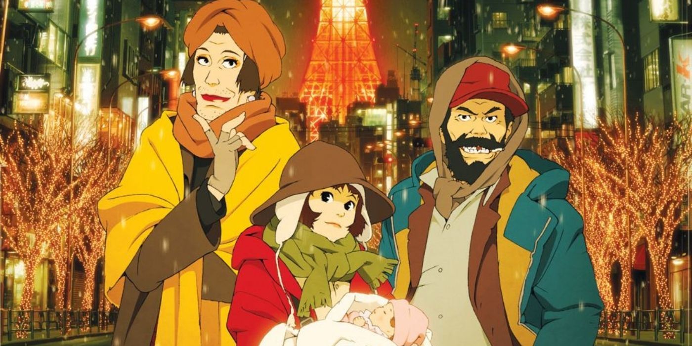 Tokyo Godfathers - Hana and two other homeless individuals with a baby