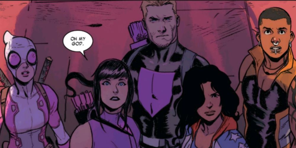 Kate Bishop, Clint Barton, Gwenpool, Miss America, and the West Coast Avengers