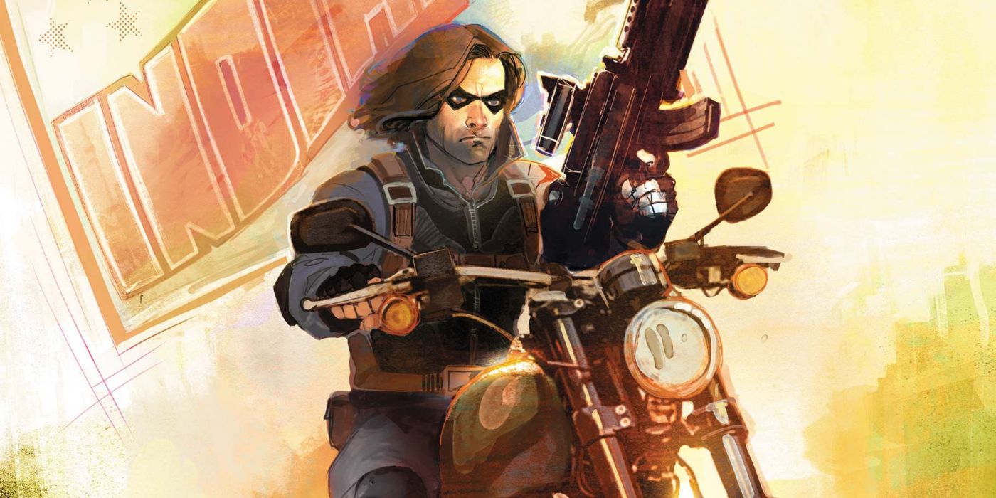 Winter Soldier Holding A Gun While Driving A Motorcycle