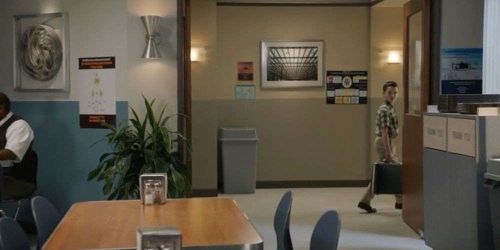 Sheldon Cooper looking into the famous cafeteria Young Sheldon