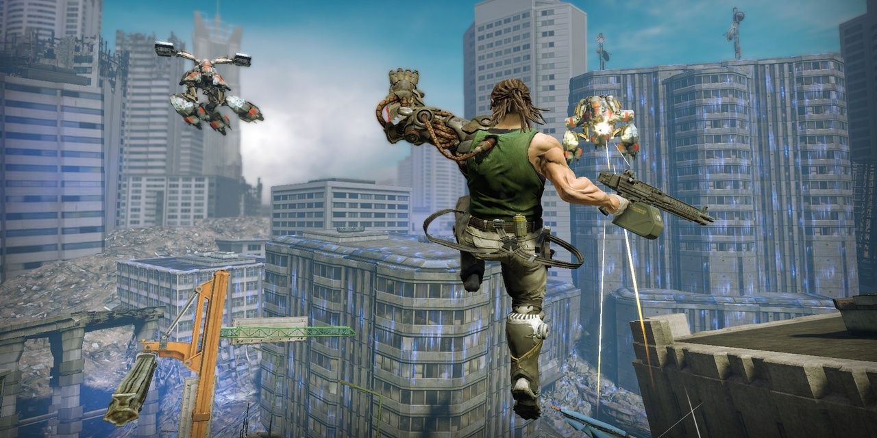 Bionic Commando Leaping Across Buildings 