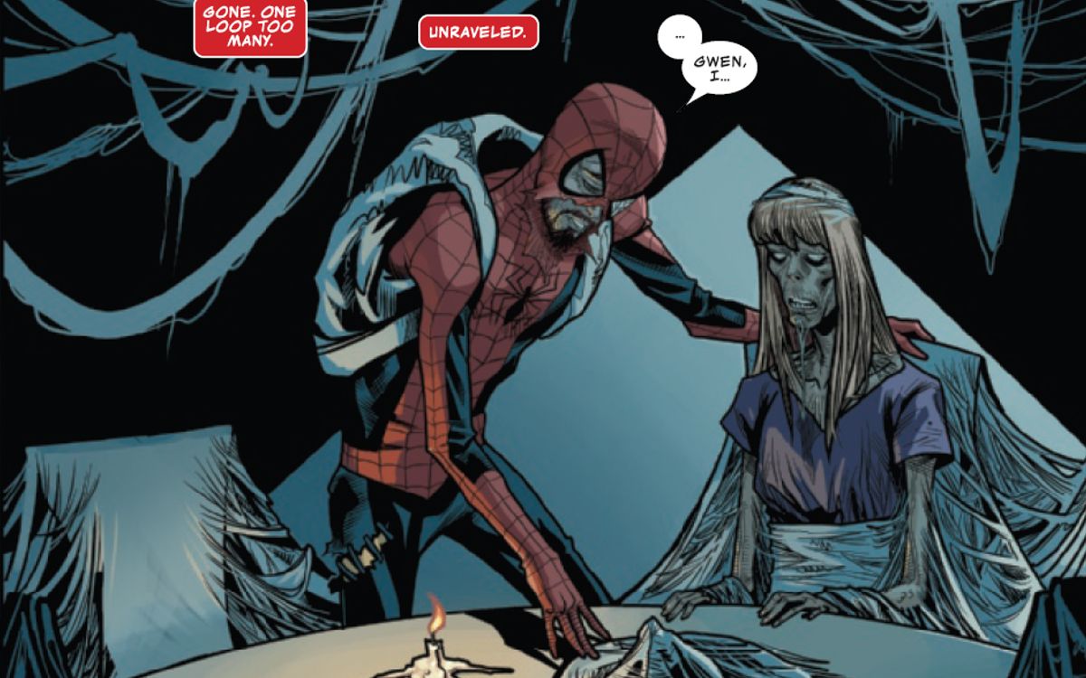 Durante o pesadelo do Homem-Aranha em Darkhold, ele encontra o cadáver em decomposição de Gwen Stacy. 