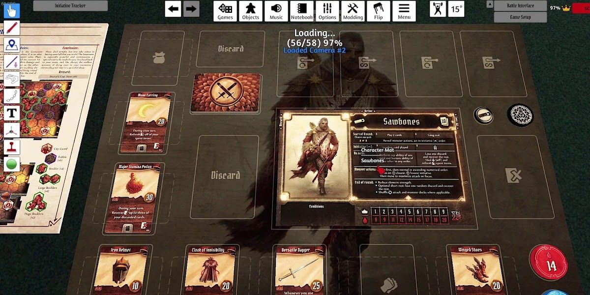 gloomhaven fantasy setup in tabletop simulator cards arrayed across the table 