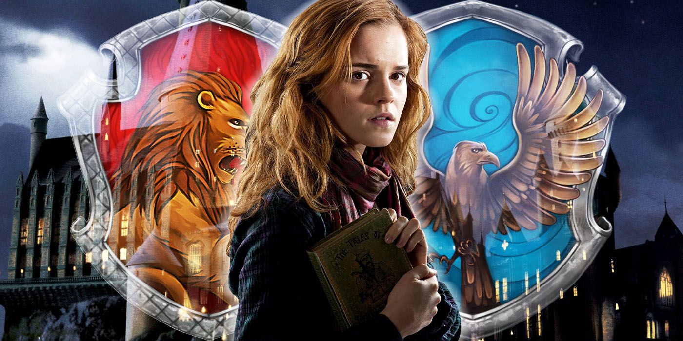 hermione granger in front of a gryffindor and ravenclaw crest