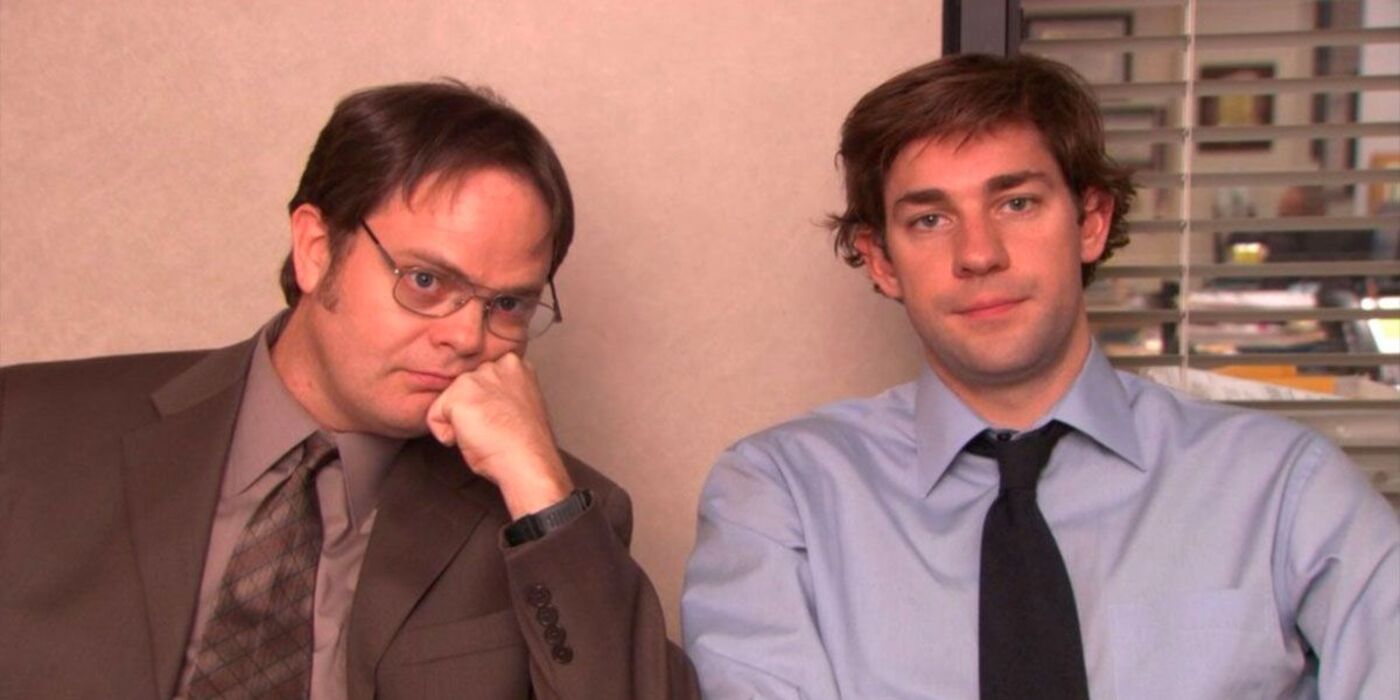 Jim and Dwight sitting together and talking to the camera on The Office