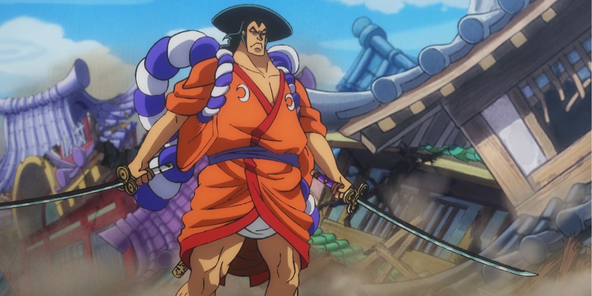 Kozuki Oden, legendary swordsman of Wano, in combat during a One Piece flashback