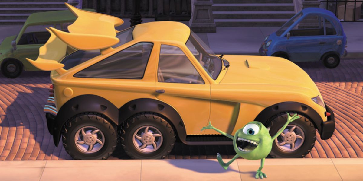 Mike Wazowski by his new car in Pixar short