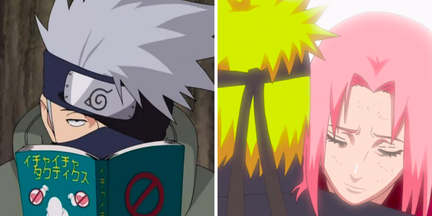 Kakashi reading a book & Sakura hugging Naruto