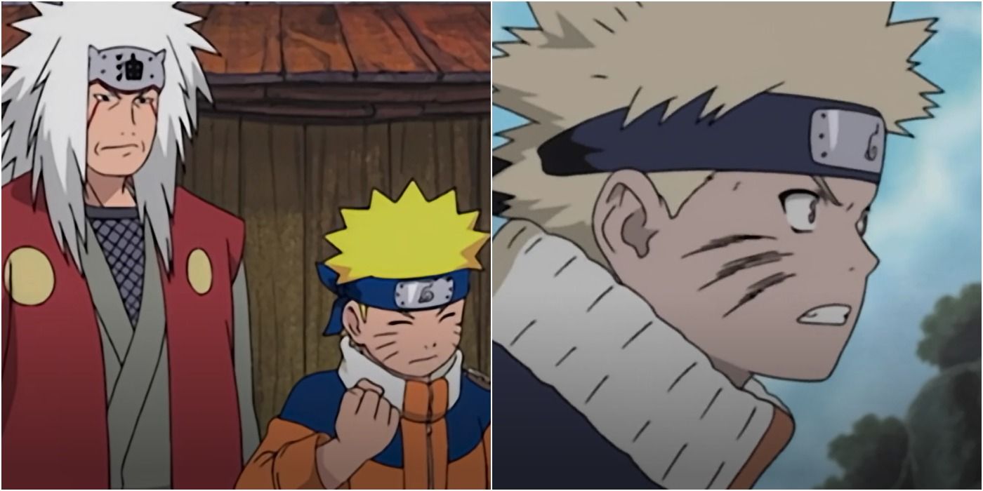 Split image of Jiraiya and Naruto from Naruto next to Naruto looking angry