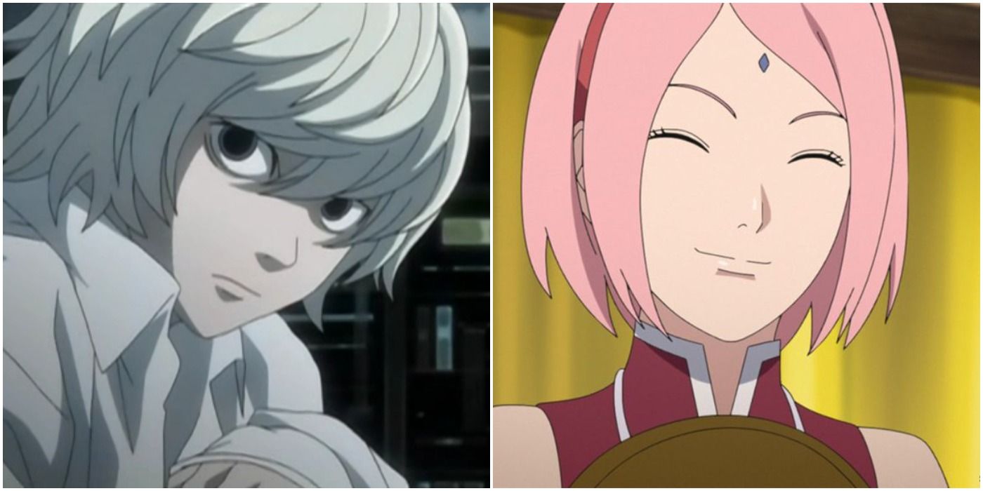 split image of Near from Death Note and Sakura from Naruto