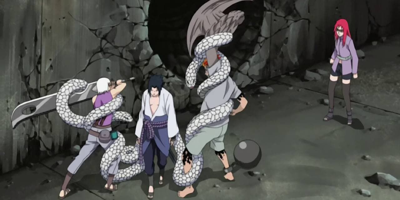 Sasuke restraining Jugo and Suigetsu with snakes as Karin watches in Naruto.