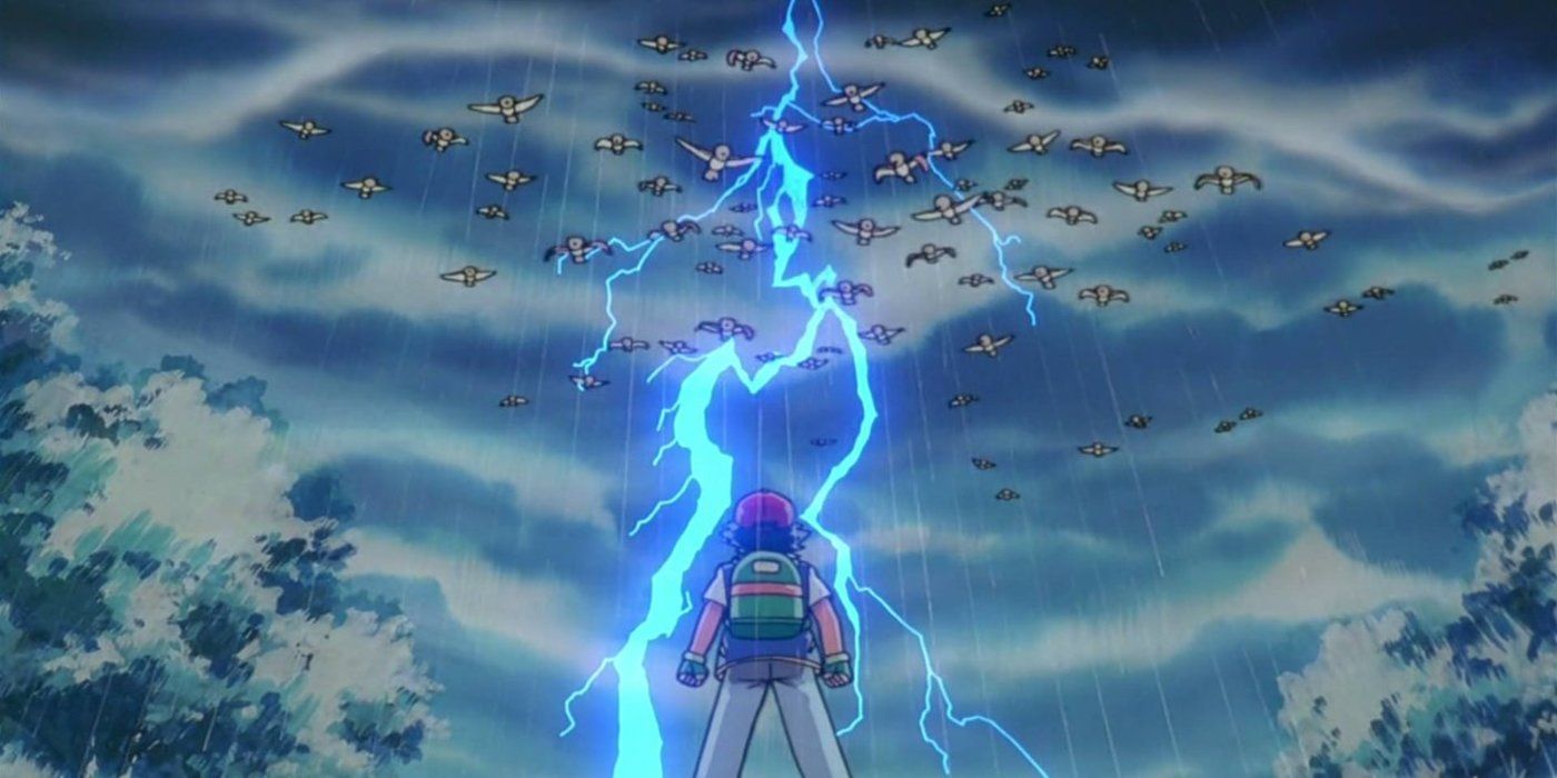 A huge flock of Spearow about to attack Ash are stopped by Pikachu