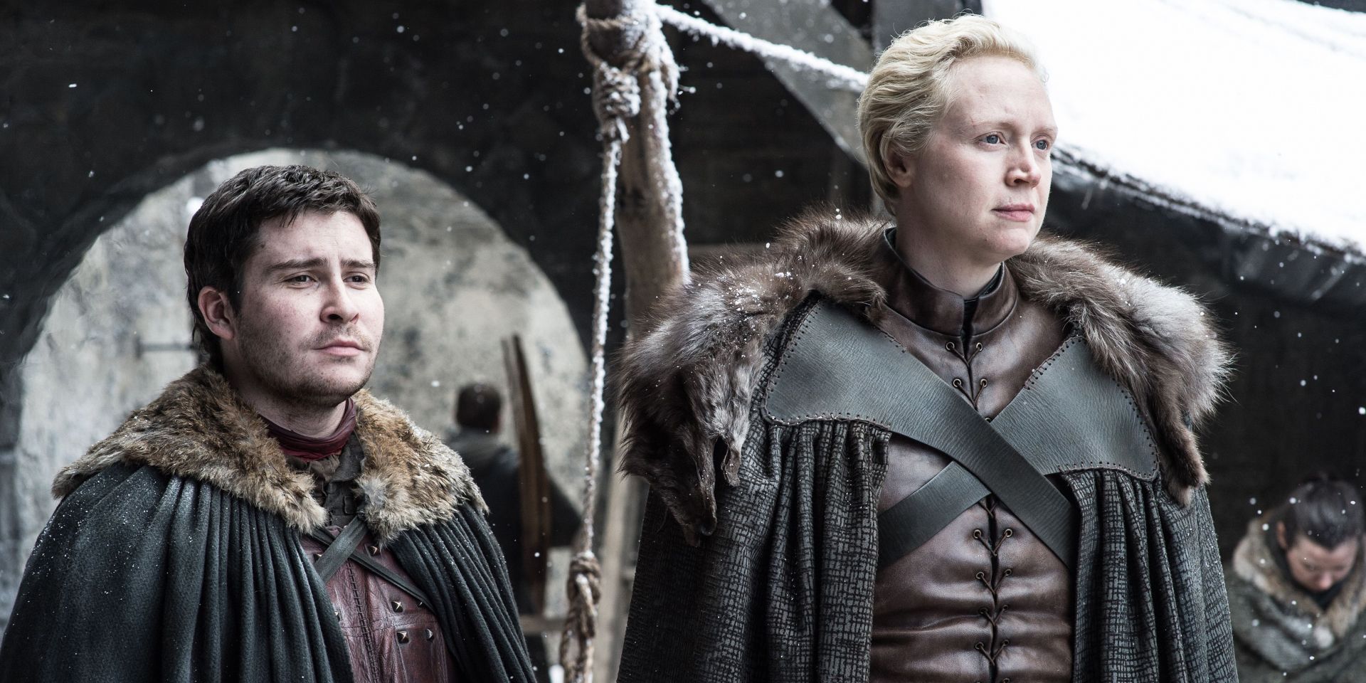 Podrick Payne accompanying Brienne of Tarth in Game of Thrones