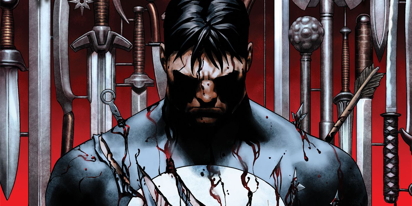 The Punisher Wounded By Kunai, Throwing Stars, And Arrows With Many Swords And Blunt Weapons Behind Him