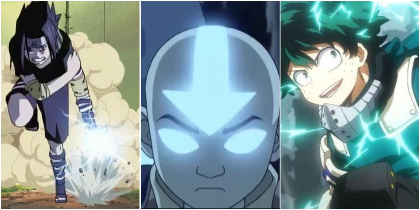 Sasuke using Chidori (left); Aang in Avatar State (center); Midoriya using quirk (right)