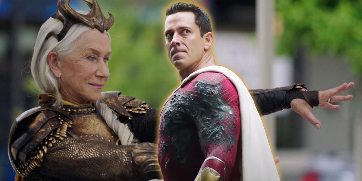 Helen Mirren as Hespera and Zachary Levi as Shazam in Fury of the Gods