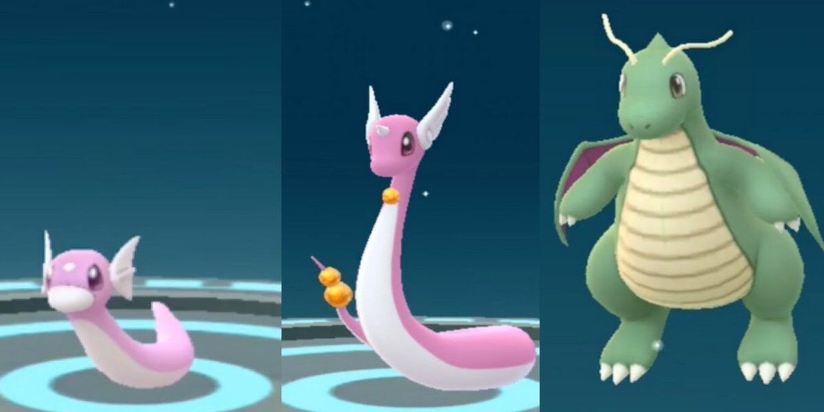 The shiny forms of Dratini evolution line from Pokemon Go.