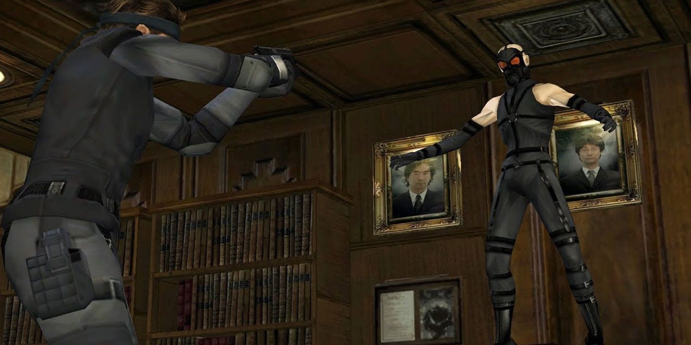 Solid Snake pointing a gun at Psycho Mantis in Metal Gear Solid