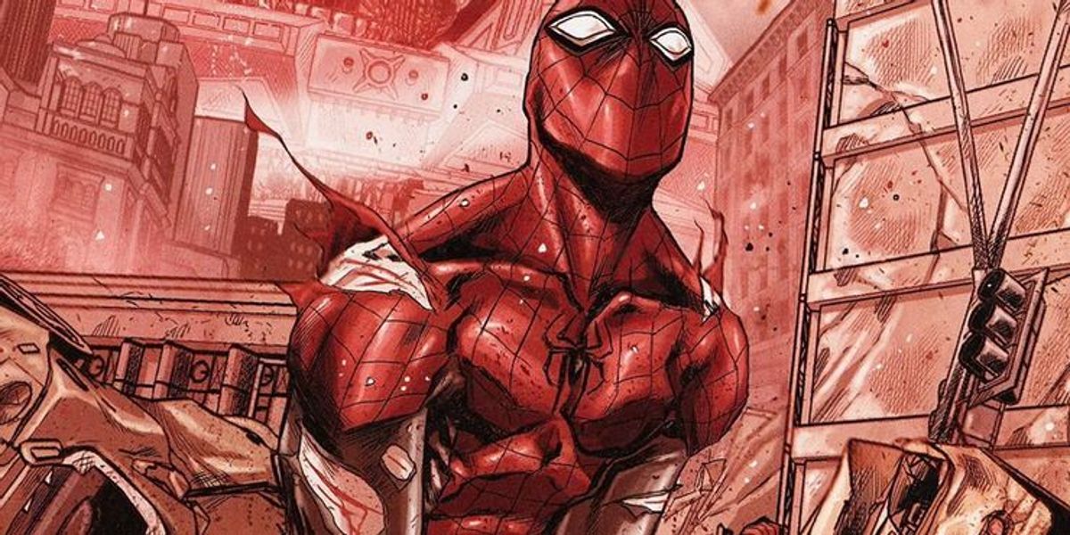 Spider-Man swings through the city, while scraped and bruised.
