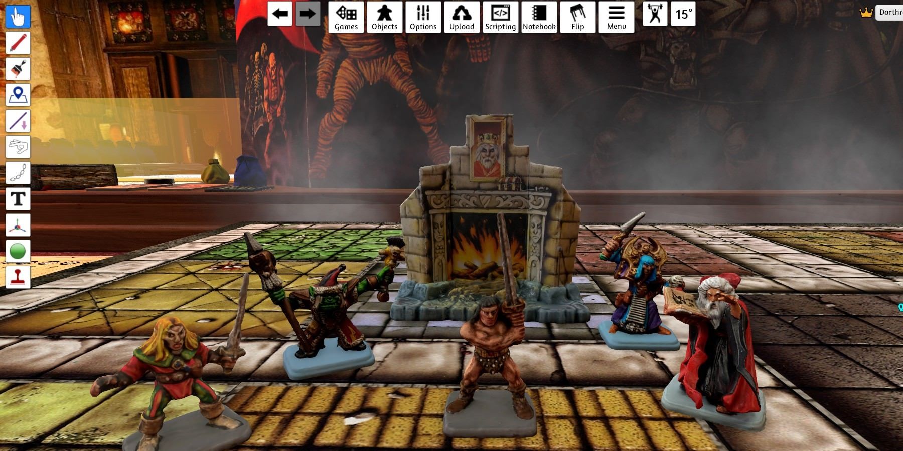 tabletop simulator heroquest painted miniatures in front of a a carboard fireplace 