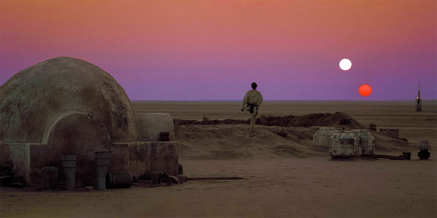 Luke Skywalker and Tatooine's twin suns from Star Wars: A New Hope