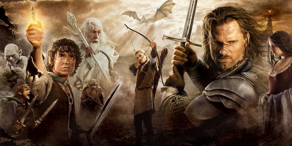 Poster for the Lord of the Rings movies, prominently showcasing Frodo, Gandalf, Legolas, and Aragorn