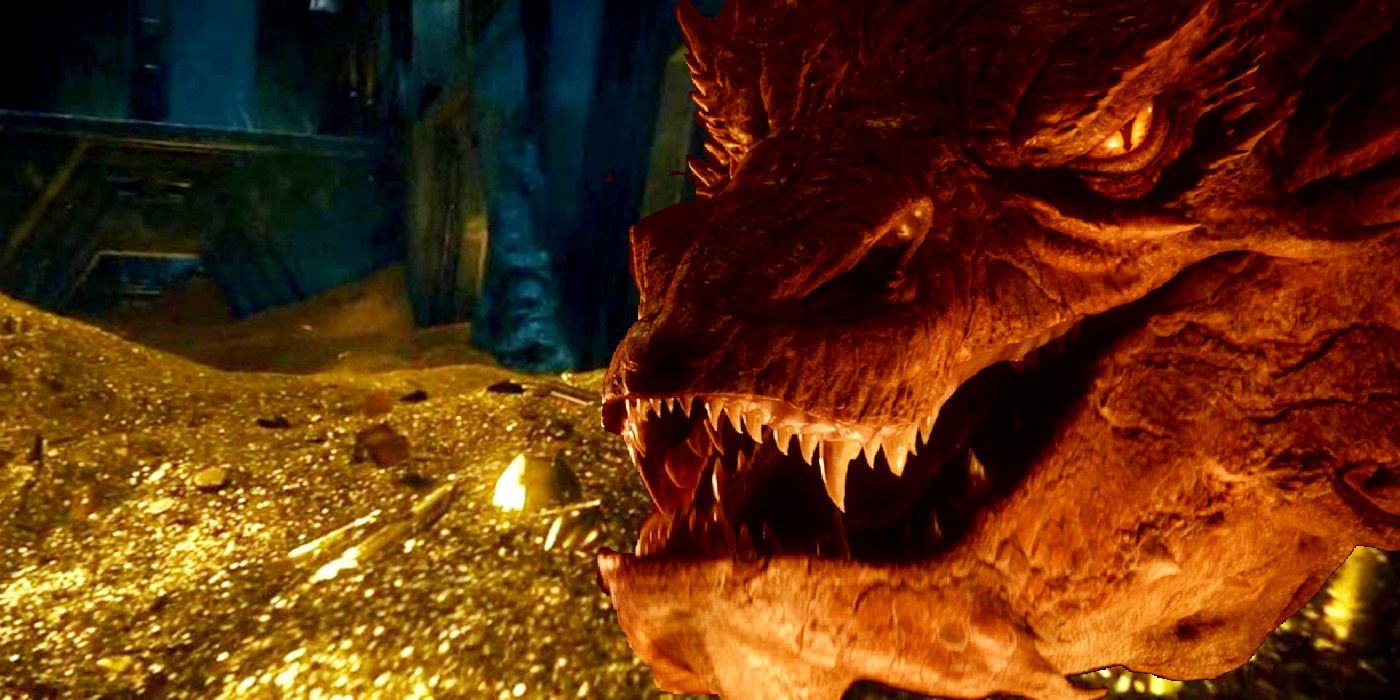 An open-mouthed Smaug lording over his amassed gold and treasure