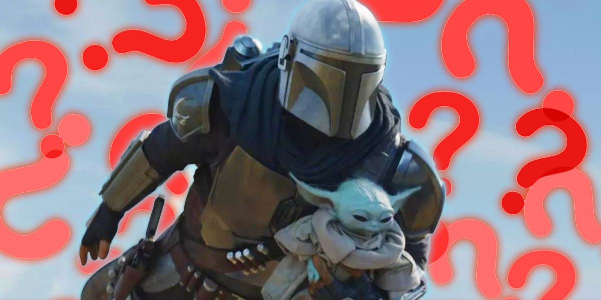 Mandalorian and Grogu flying with question marks behind them