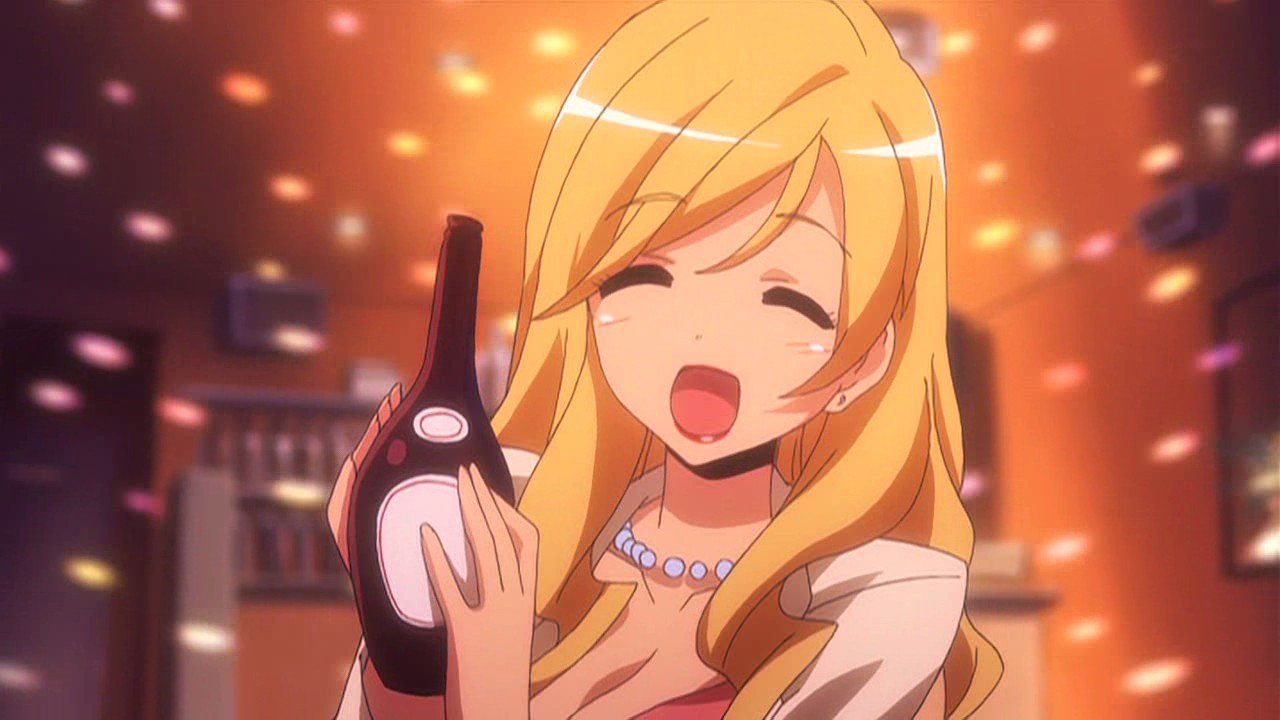 Yasuko from Toradora smiling and holding a bottle of alcohol.