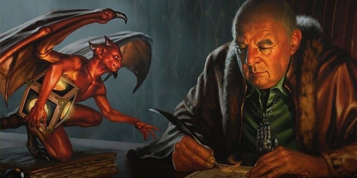 DnD 5e Warlock writing with a quill as the imp familiar looks on