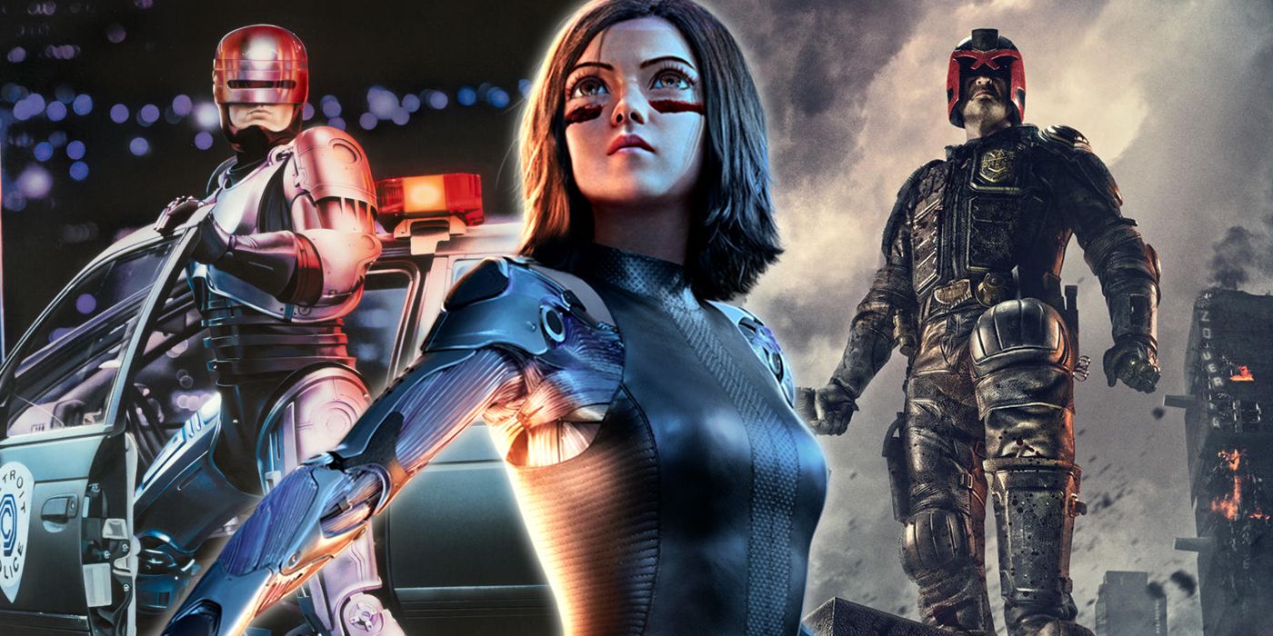 Robocop, Alita and Dredd split image