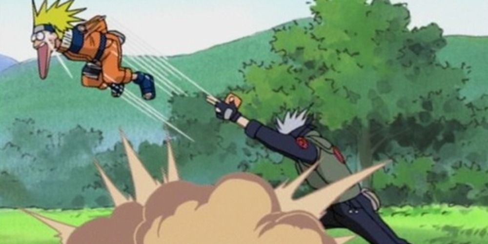 Naruto flying off into air after Kakashi uses technique