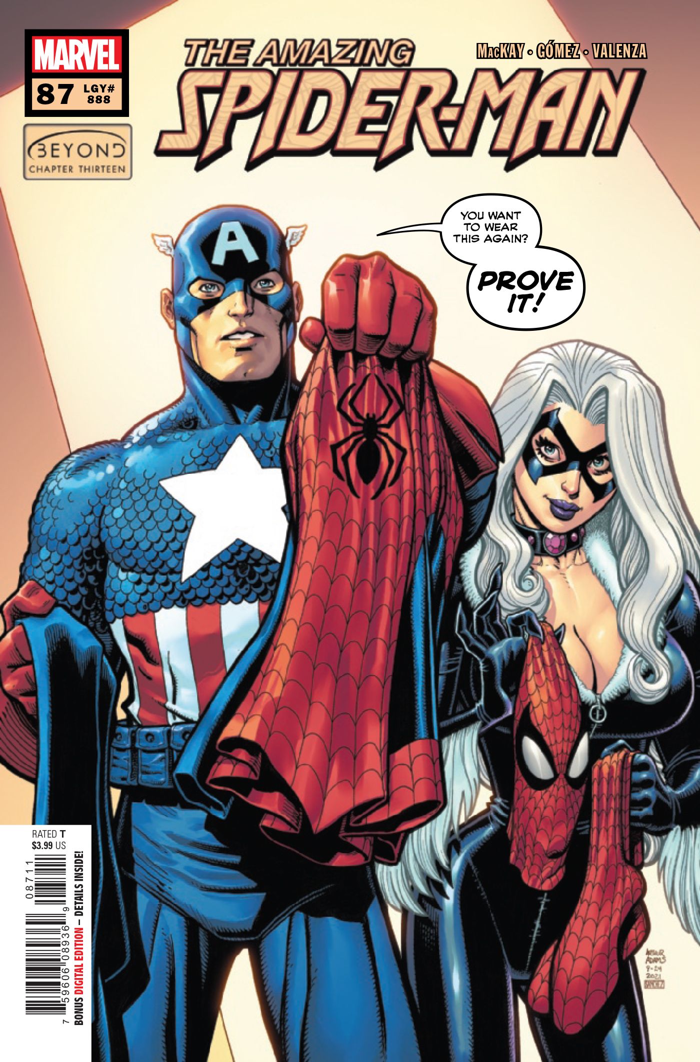 Black Cat and Captain America stand side-by-side holding Spider-Man's costume.