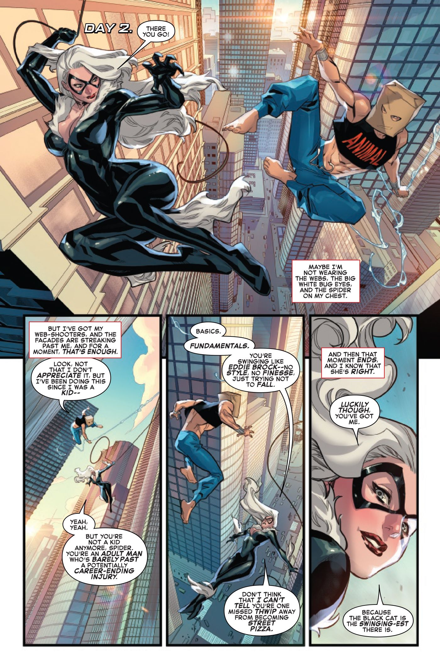 Peter Parker swings alongside Felicia Hardy with a paper bag on his head.