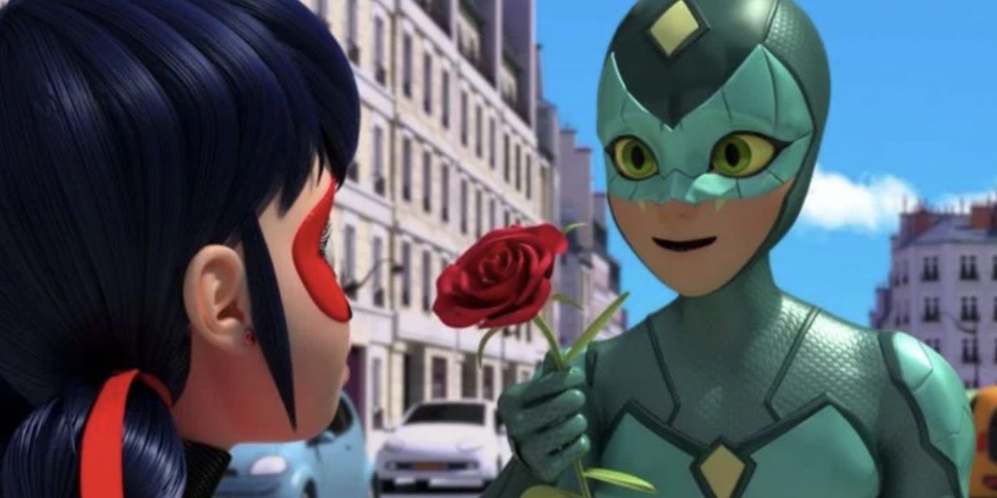 Adrien gives Ladybug a flower while using the snake Miraculous in Miraculous Ladybug
