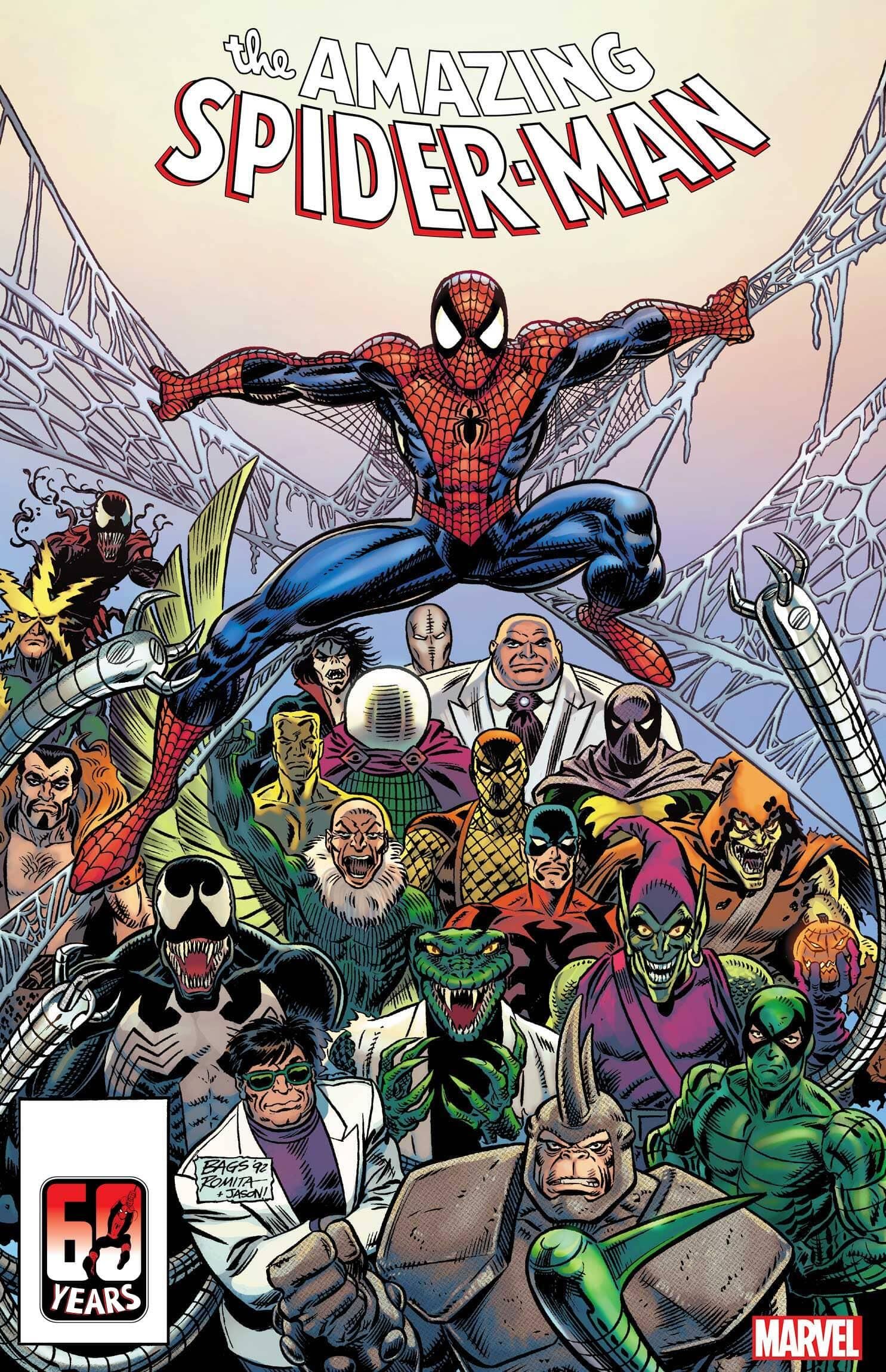 Peter Parker and his villains on the cover of Amazing Spider-Man 1 by Mark Bagley and John Romita Sr