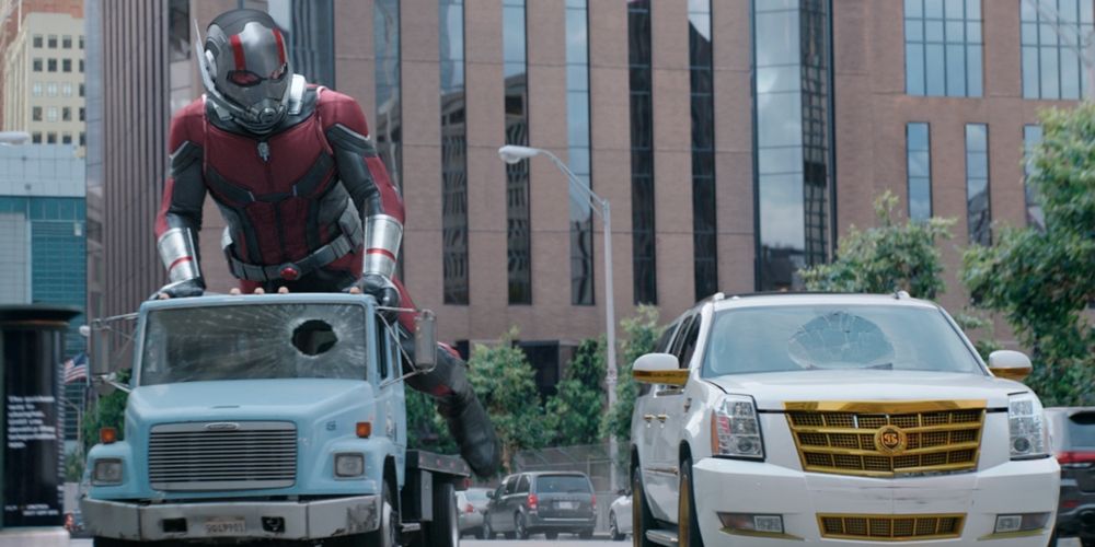 Ant-Man rides a truck in Ant-Man and the Wasp movie