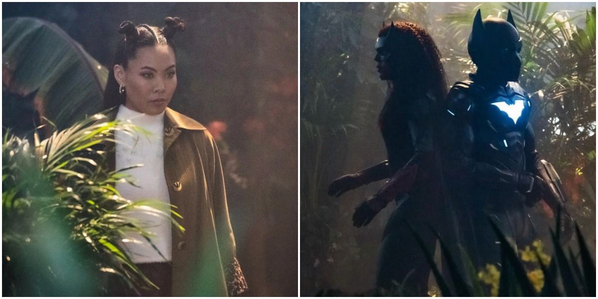 A split image depicts Mary during her Poison Ivy transformation and Batwoman and Batwing against her in Batwoman Season 3