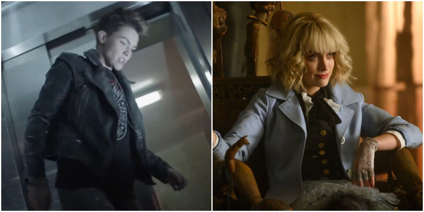 A split image features Kate kicking a member of the Wonderland Gang and Alice in her chair in Batwoman Pilot episode