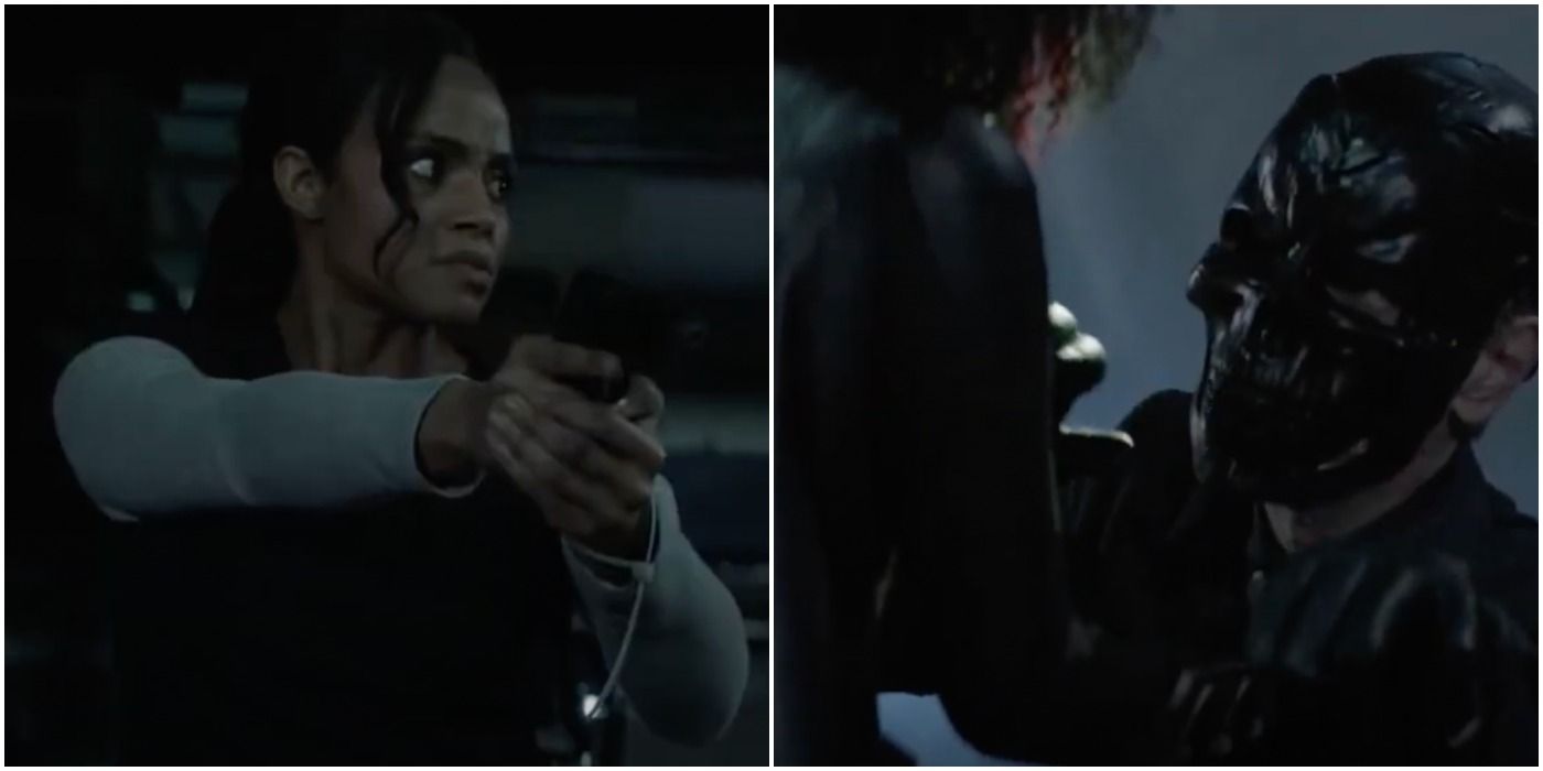 A split image depicts Sophie holding a gun and Ryan holding Black Mask in Batwoman S2E11