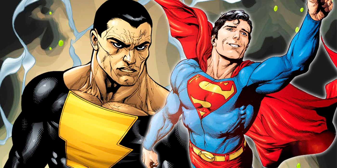 A collage of Black Adam making a grim expression and Superman smiling while flying in DC Comics