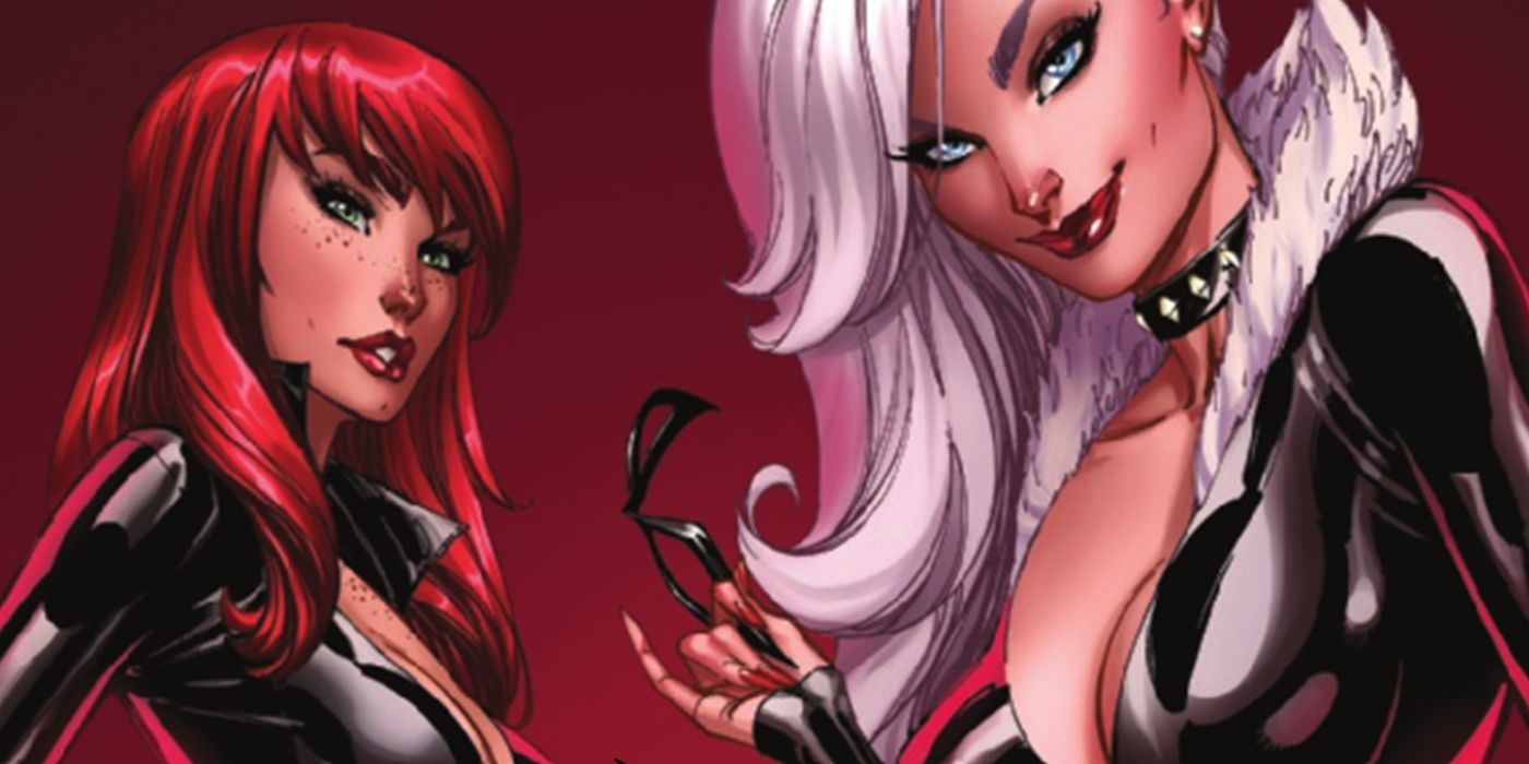 Mary Jane Watson & Black Cat in matching shiny black costumes in Marvel Comics