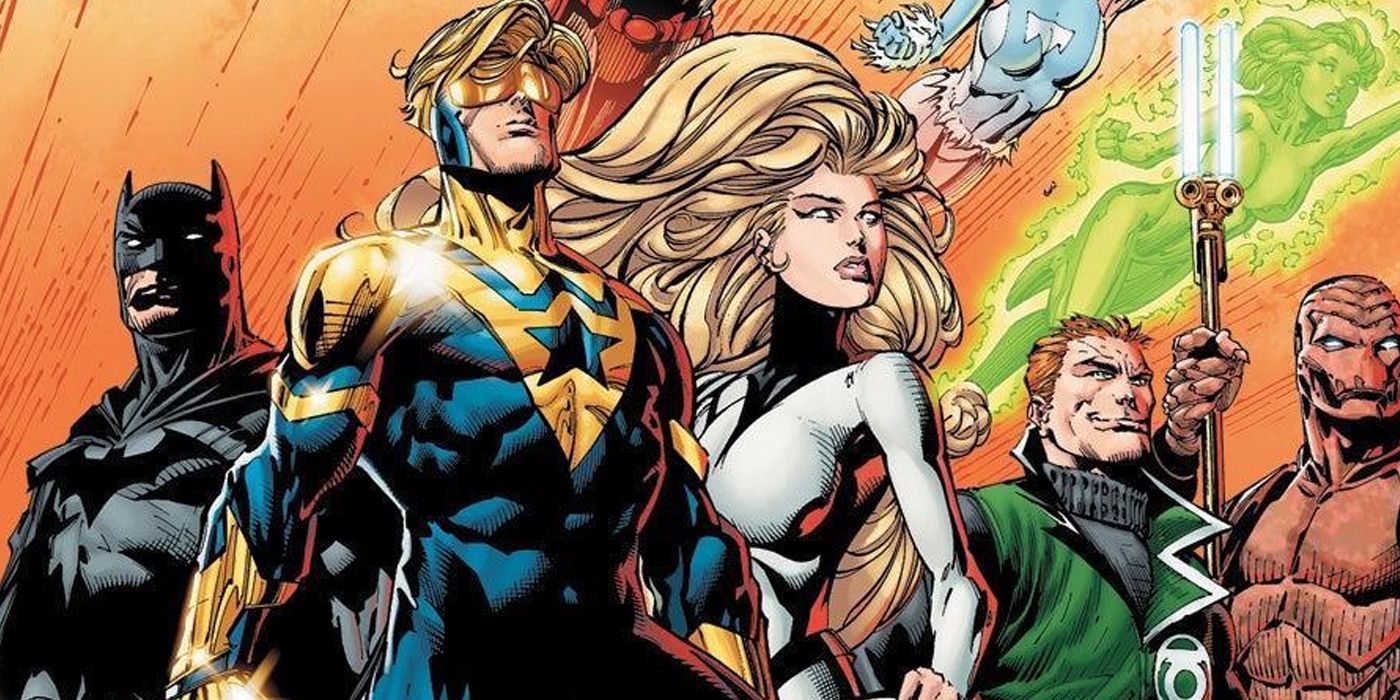Booster Gold and Justice League International in the New 52 posing.
