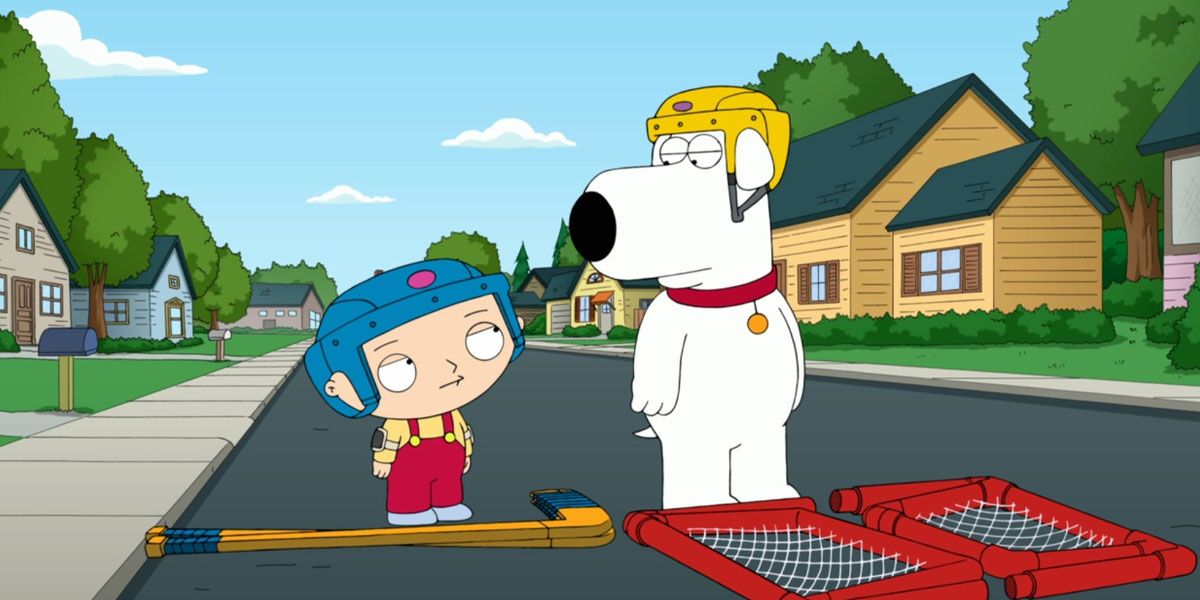Brian and Stewie getting ready to play hockey on the street